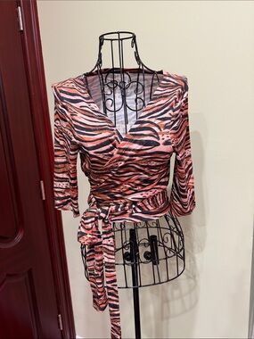 Tie-Waist Wrap Blouse in Coral Zebra Print